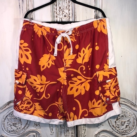 Men’s Mossimo Red and Yellow Hawaiian Print Swim Trunks Size Large - Picture 1 of 10